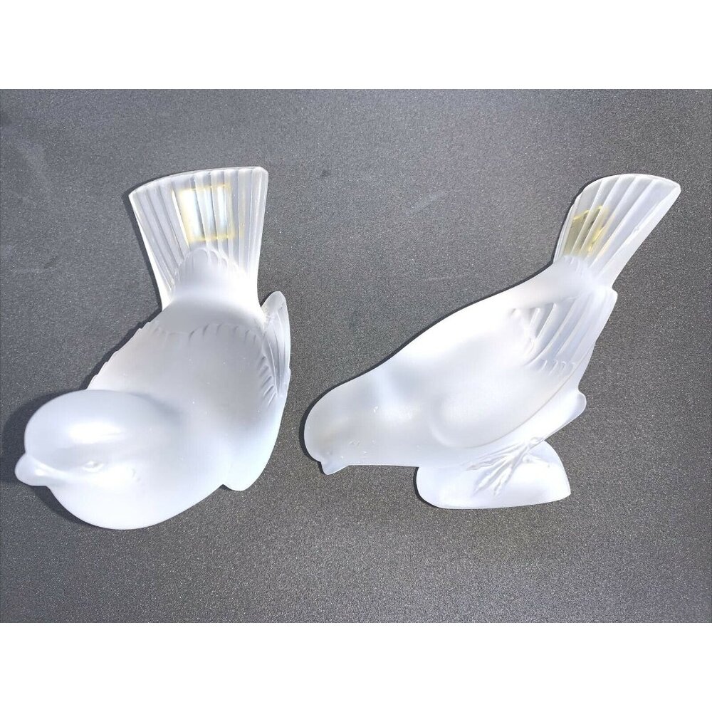 Lalique Crystal Pruning Sparrow Bird Glass Paperweights Figurines Signed ArtDeco